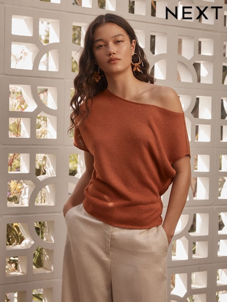 Rust Brown Draped Slash Neck Sheerknit Crochet Slouch Top (AW6430) | £26