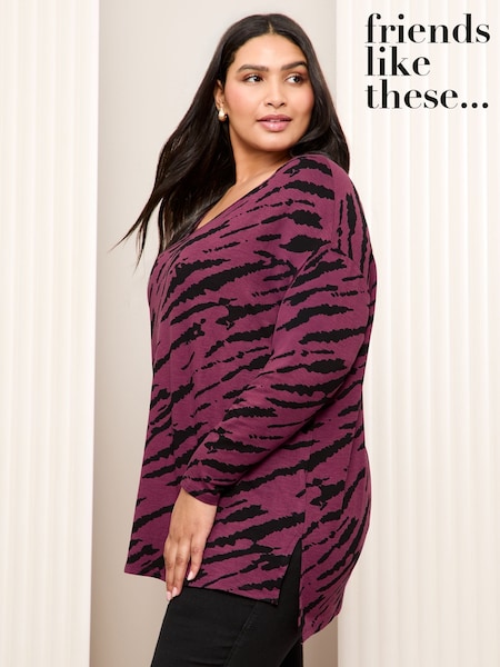 Friends Like These Burgundy Red Curve Soft Jersey V-Neck Long Sleeve Tunic Top (AW6445) | £26