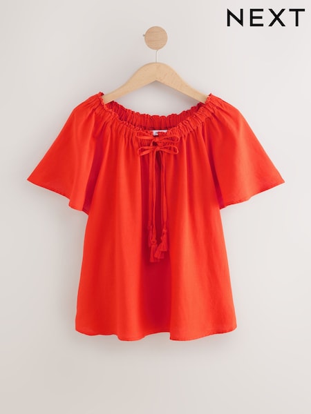 Red Short Sleeve Tie Neck Bardot Top (AW6638) | £25