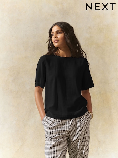 Black Short Sleeve Boxy T-Shirt with Linen (AW6642) | £19