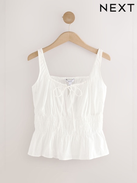 White 100% Cotton Smock Detail Tie Front Cami (AW6676) | £22
