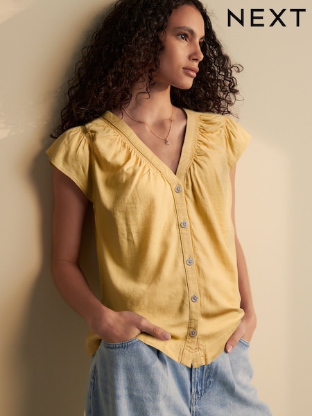 Lemon Yellow Button Down Ruffle Sleeve Top With Linen (AW6685) | £19