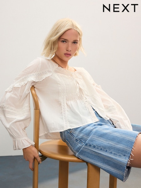 White 100% Cotton Prairie Style Long Sleeve Blouse with Adjustable Tie (AW6686) | £42