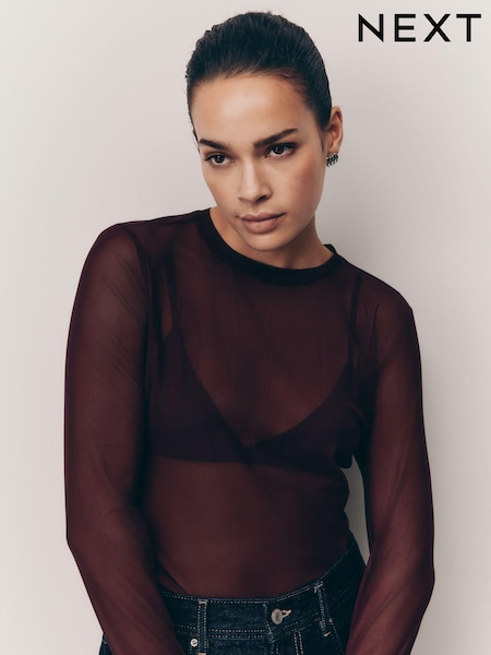 Burgundy Long Sleeve Mesh Top (AW6703) | £20