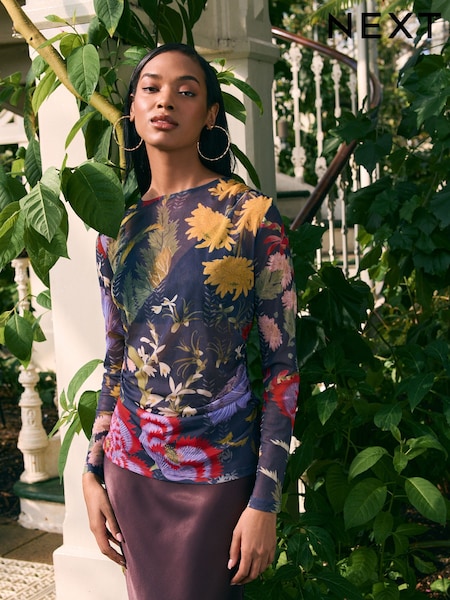 Navy/Purple Floral Print Long Sleeve Ruched Side Mesh Top (AW6707) | £28