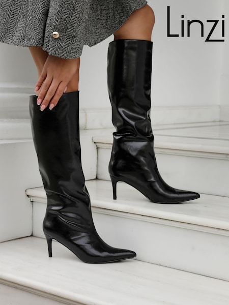 Linzi Black Onyx Pull On High Leg Heeled Boots (AW6733) | £55