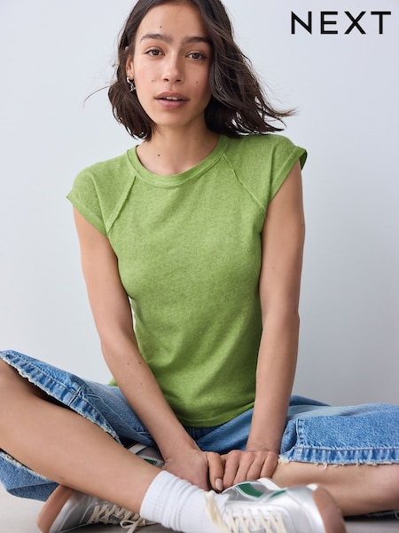 Green Washed Open Seam Detailing Raglan Short Sleeve 100% Cotton Crew Neck T-Shirt (AW6743) | £18