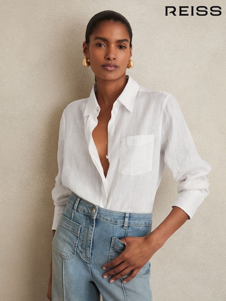 Reiss White Belle Linen Button-Through Shirt (AW6762) | £98