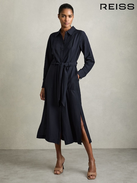 Reiss Navy Mabel Long-Sleeve Belted Midi Dress (AW6767) | £148