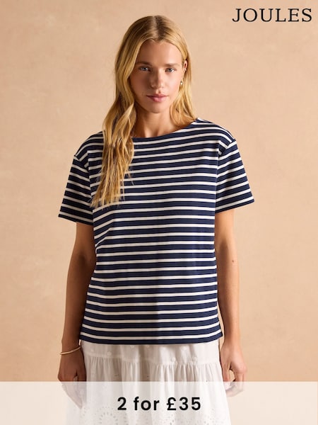 Joules Harbour Navy/White Short Sleeve Boat Neck Breton Top (AW6778) | £26
