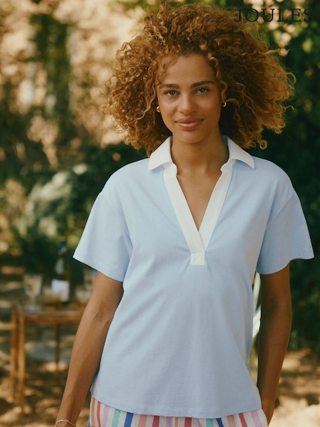 Joules Tallie Blue Short Sleeve Combed 100% Cotton Collared Top (AW6818) | £36