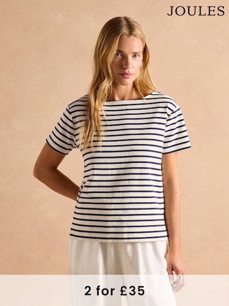 Joules Harbour Cream/Navy Short Sleeve Boat Neck Breton Top (AW7038) | £26