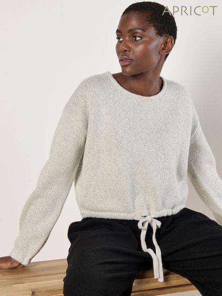 Apricot Grey Boucle Knit Tie Front Crop Jumper (AW7061) | £35