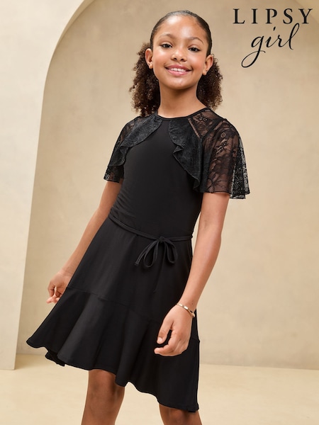 Lipsy Black Lace Frill Flutter Sleeve Dress (5-16yrs) (AW7106) | £28 - £36