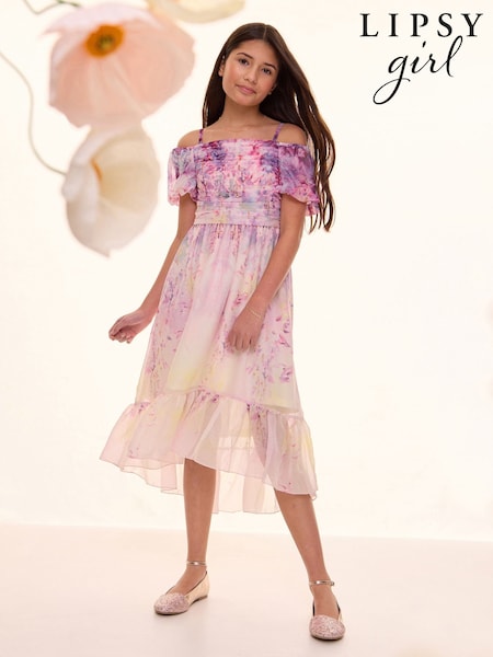 Lipsy Pink Floral Ombre Cold Shoulder Maxi Dress (7-16yrs) (AW7119) | £43 - £51