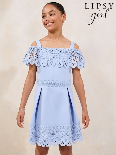Lipsy Cornflower Blue Lace Cold Shoulder Occasion Dress (5-16yrs) (AW7127) | £58 - £66