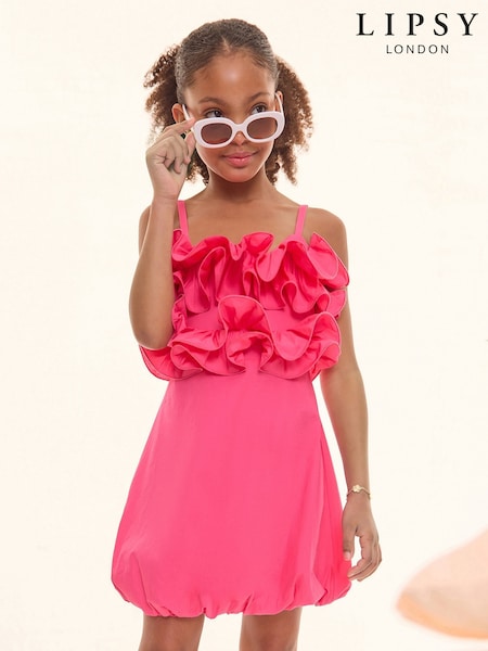 Lipsy Pink 3D Ruffle Puffball Occasion Dress (7-16yrs) (AW7128) | £52 - £60
