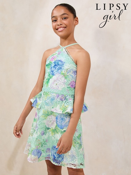 Lipsy Blue Lace Frill Waist Occasion Dress (7-16yrs) (AW7129) | £56 - £64