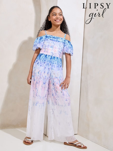 Lipsy Blue Floral Ombre Cold Shoulder Jumpsuit (5-16yrs) (AW7130) | £44 - £52