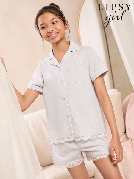 Lipsy Light Grey Jersey Trim Pyjama Set (5-16yrs) (AW7151) | £19 - £27