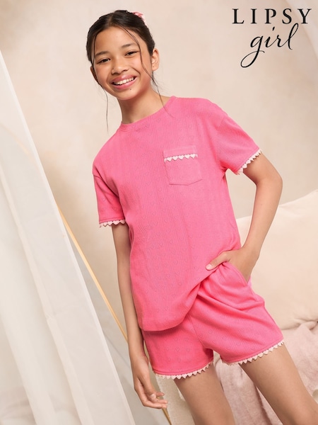 Lipsy Pink Pointelle Jersey Trim Pyjama Set (5-16yrs) (AW7160) | £19 - £27