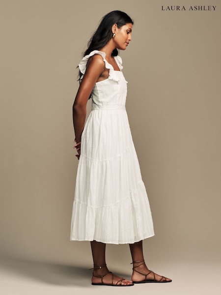 Laura Ashley White Textured Lace Midaxi 100% Cotton Dress (AW7231) | £49