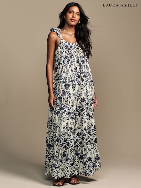 Laura Ashley Cream/Navy Floral Print Bubble Strap Maxi Dress (AW7232) | £65