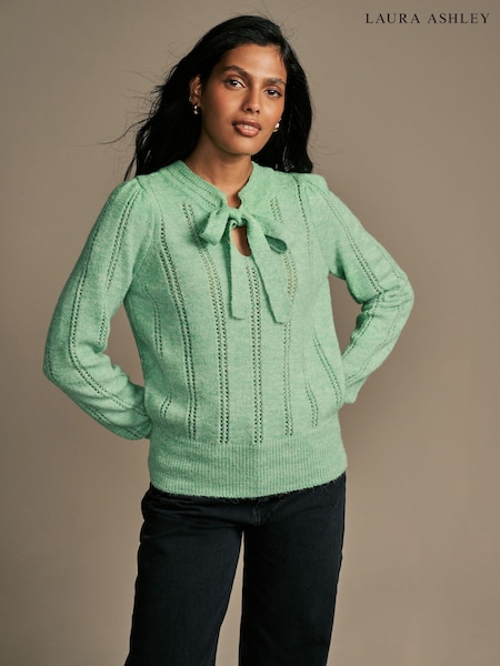 Laura Ashley Green Pointelle Tie Neck Reversible Jumper (AW7238) | £39