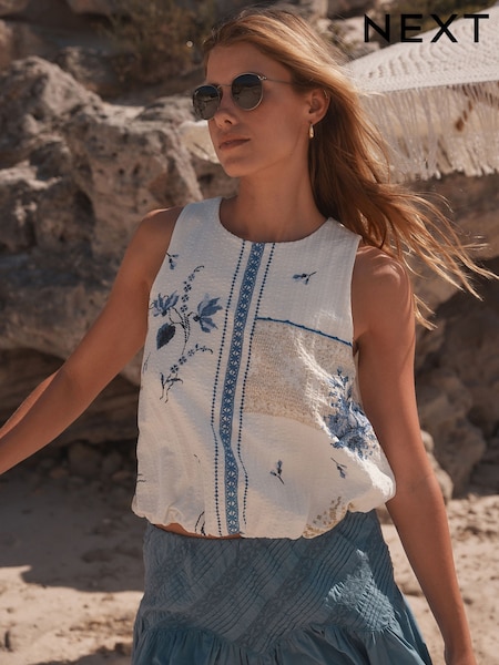 Blue/Ecru 100% Cotton Sleeveless Bubble Hem Top (AW7455) | £18