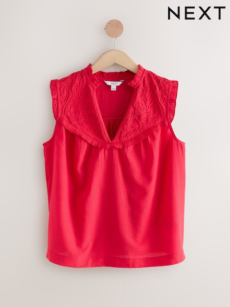 Red Woven Mix V-Neck Embroidered Frill Sleevless Top (AW7460) | £26