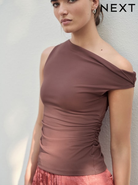 Brown Aysmmetric Shoulder Sleevless Top (AW7464) | £28