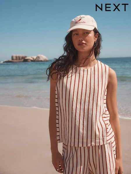 Red/Ecru Towelling Striped Tank 100% Cotton Top (AW7472) | £24