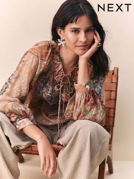 Peach Floral Print Sheer Tie Neck Long Sleeve Blouse (AW7474) | £24