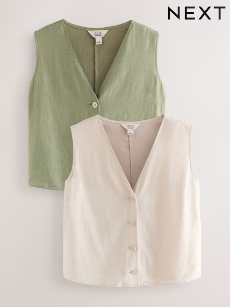 Khaki/Cream Button Down Sleeveless Waistcoats 2 Pack With Linen (AW7481) | £38