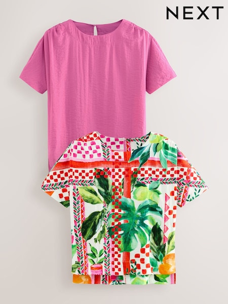 Solid Pink and Multicoloured Fruit Print Textured Fabric Boxy T-Shirts 2 Pack (AW7484) | £42