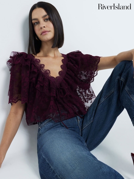 River Island Red Lace Bardot Crop Top (AW7695) | £40