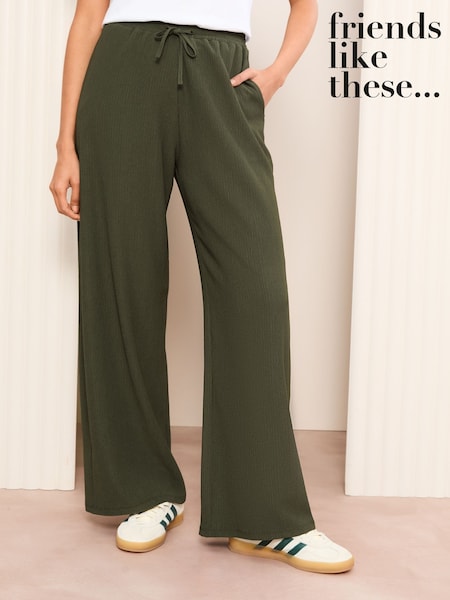 Friends Like These Khaki Green Petite Crinkle Jersey Wide Leg Trousers (AW7747) | £32