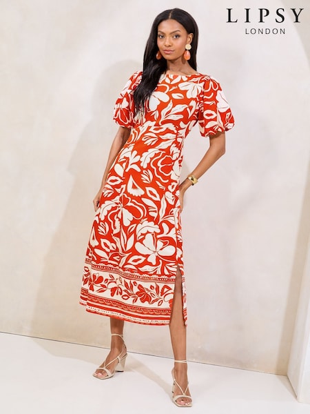 Lipsy Red Short Sleeve Gathered Waist Underbust Midi Dress (AW7794) | £49