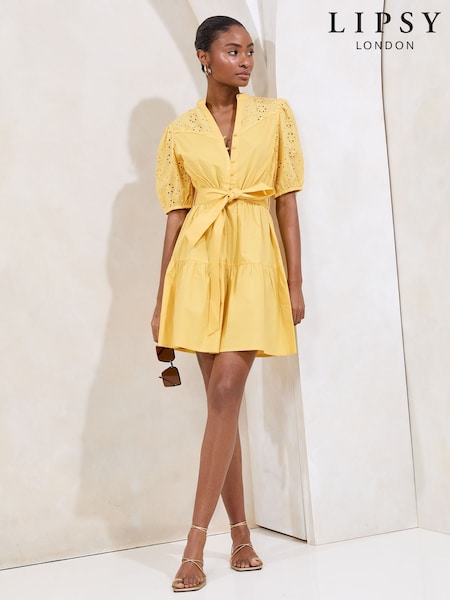 Lipsy Yellow Broderie Short Sleeve Mini Shirt Dress (AW7796) | £49