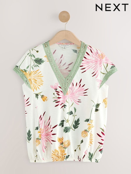 Kew Collection Ecru/Pink Print Short Sleeve Lace V-Neck Bubblehem 100% Cotton Top (AW7811) | £18