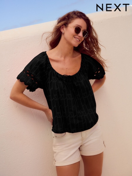 Black Broderie Boho Short Sleeve Ric Rac 100% Cotton Top (AW7816) | £21