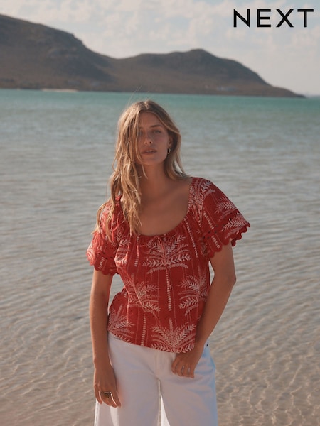 Red/Ecru Palm Print Broderie Boho Short Sleeve Ric Rac Top (AW7822) | £23