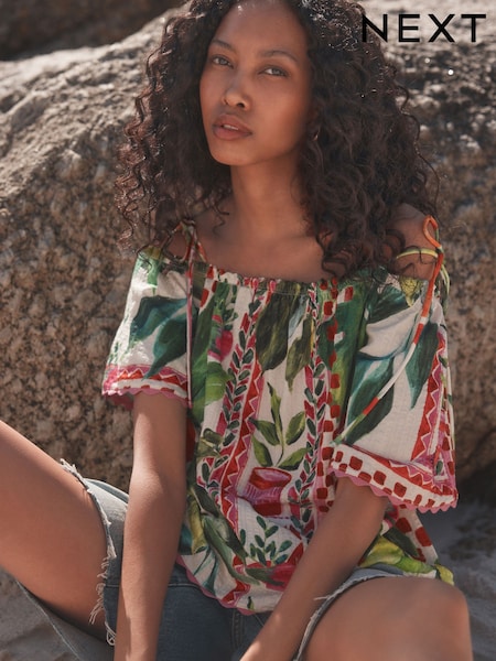 Green/Pink Fruit Print Strappy Bardot Short Sleeve 100% Cotton Top (AW7823) | £22