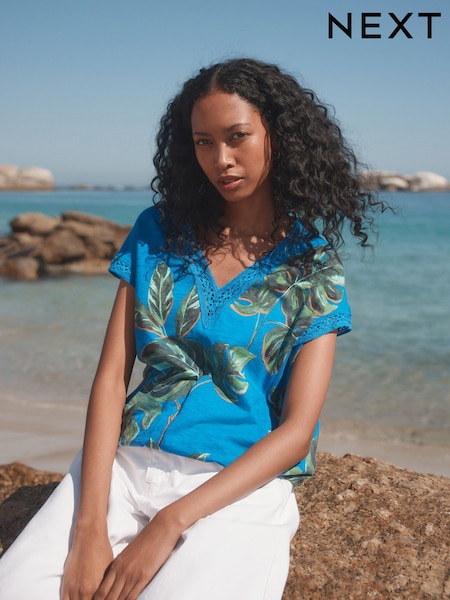 Blue/Green Leaf Short Sleeve Lace V-Neck Bubblehem 100% Cotton Top (AW7828) | £14.50