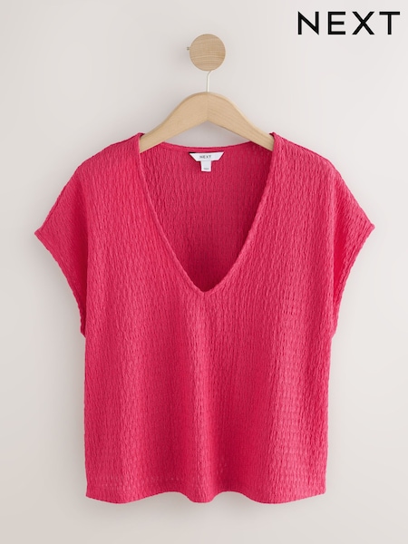 Raspberry Pink Textured Short Sleeve V-Neck T-Shirt (AW7838) | £20