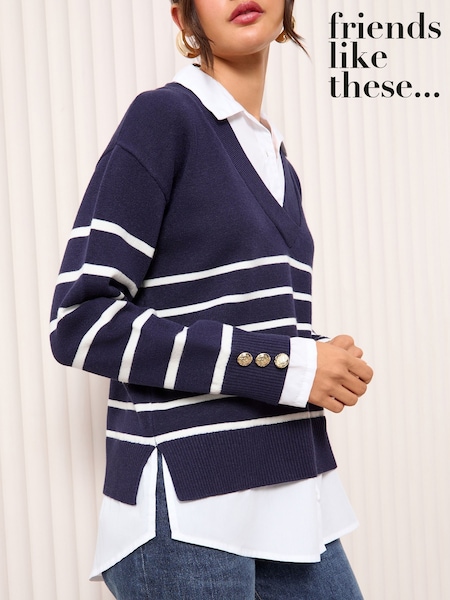 Friends Like These Navy Blue Stripe 2in1 V-Neck Jumper (AW7844) | £42
