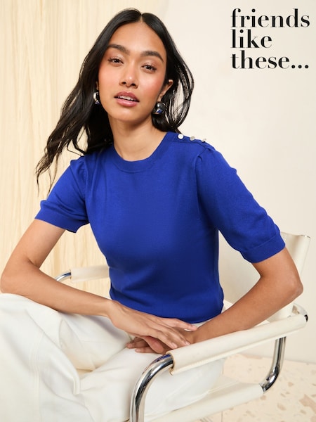 Friends Like These Cobalt Button Shoulder Knitted Top (AW7863) | £25