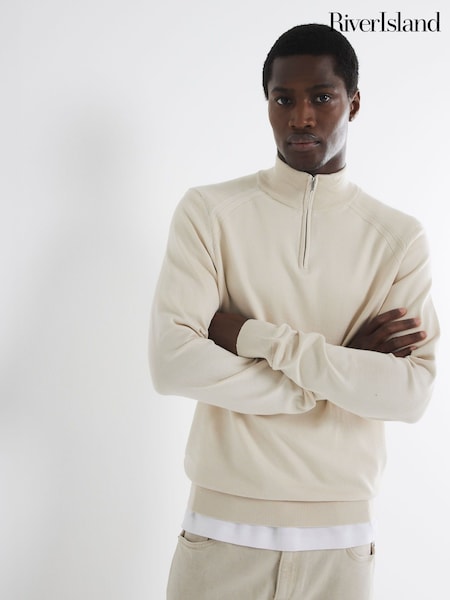River Island Light Cream Slim Fit Waffle Half Zip Jumper (AW7901) | £30