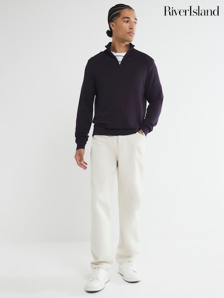 River Island Blue Slim Fit Waffle Half Zip Jumper (AW7906) | £32