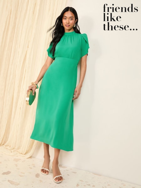 Friends Like These Green High Neck Short Sleeve Midi Dress with Bow Detailing (AW7926) | £48